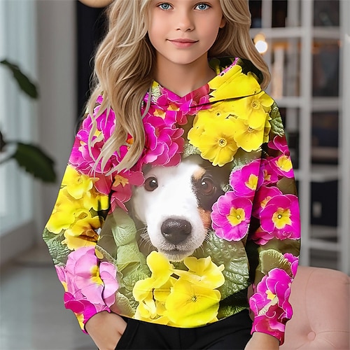 Mädchen 3D Blumen Hund Kapuzensweatshirt Langarm Herbst Winter Mode Niedlich Basic Kinder 4-12 Jahre Mit Kapuze Outdoor Lässig Täglich Normale Passform Image