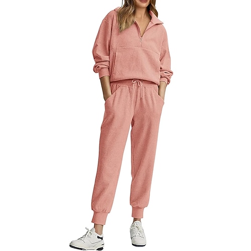 Damen Pullover-Trainingsanzug-Sets 2-teiliger Trainingsanzug Lounge-Outfits mit Tasche Einfarbig Kombination Herbst Schwarz Rosa Fitnessstudio Laufen Fitness Atmungsaktiv Langarm Sport Sportkleidung