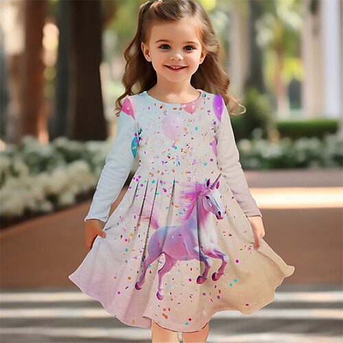Mädchen' 3D Einhorn Kleid Langarm Sommer Frühling Urlaub Täglich Ferien Prinzessin Schön Süß Kinder 4-12 Jahre Freizeitkleid A Linie Kleid Knielang Normale Passform Image