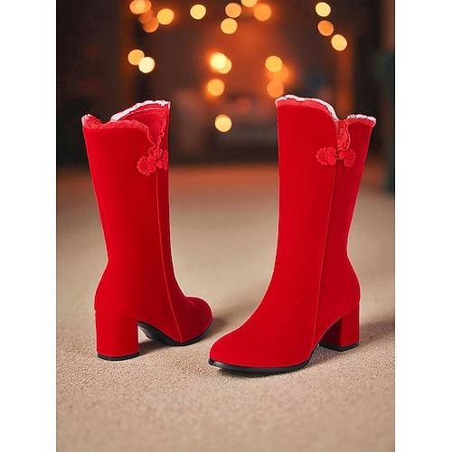 Rote Damenstiefel mit halbhohem Schaft, seitlichem Reißverschluss, Blockabsatz und Blumenbesatz – elegante Winterstiefel für Weihnachten, Feiertagspartys und formelle Anlässe Image