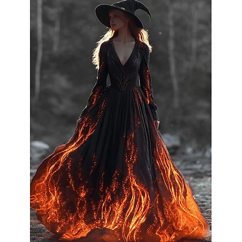 Damen Skelett Maxikleid Faltenkleid Boho Date Ausgehen Reguläre Passform Schädel Lange Ärmel V-Ausschnitt Schwarz Orange Hellorange Herbst Image