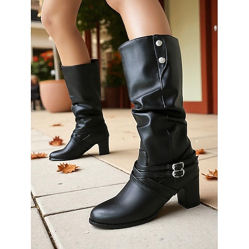 Schwarze, wadenlange Slouchy-Stiefel für Damen mit Schnallenriemen, stilvoll und vielseitig für die Freizeit im Herbst und Winter. Image