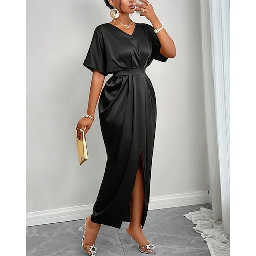 Damen Langes Kleid Maxikleid Satinkleid Partykleid Cocktailkleid Elegant Modern Abendgesellschaft Party Normale Passform Einfach Kurzarm V Ausschnitt Schwarz Gelb Königsblau Dunkelgrün Herbst Winter Image