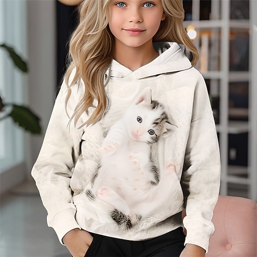 Mädchen 3D Katze Kapuzensweatshirt Langarm Herbst Winter Mode Niedlich Basic Kinder 4-12 Jahre Mit Kapuze Outdoor Lässig Täglich Normale Passform Image