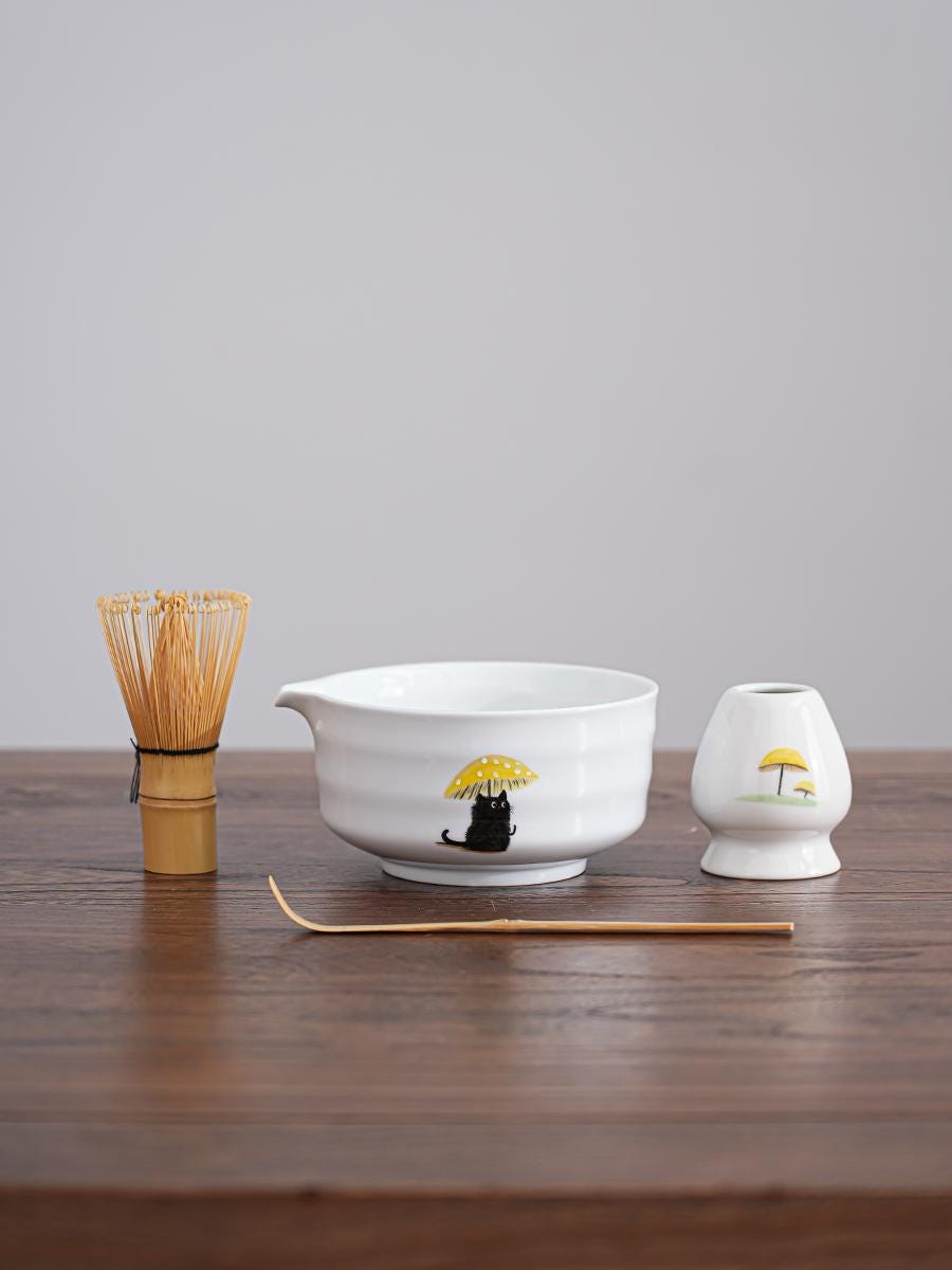 Set da tè Matcha in ceramica dipinto a mano con gatto e fungo, set da tè bianco con beccuccio, set da cerimonia del tè con frusta in bambù, kit da tè