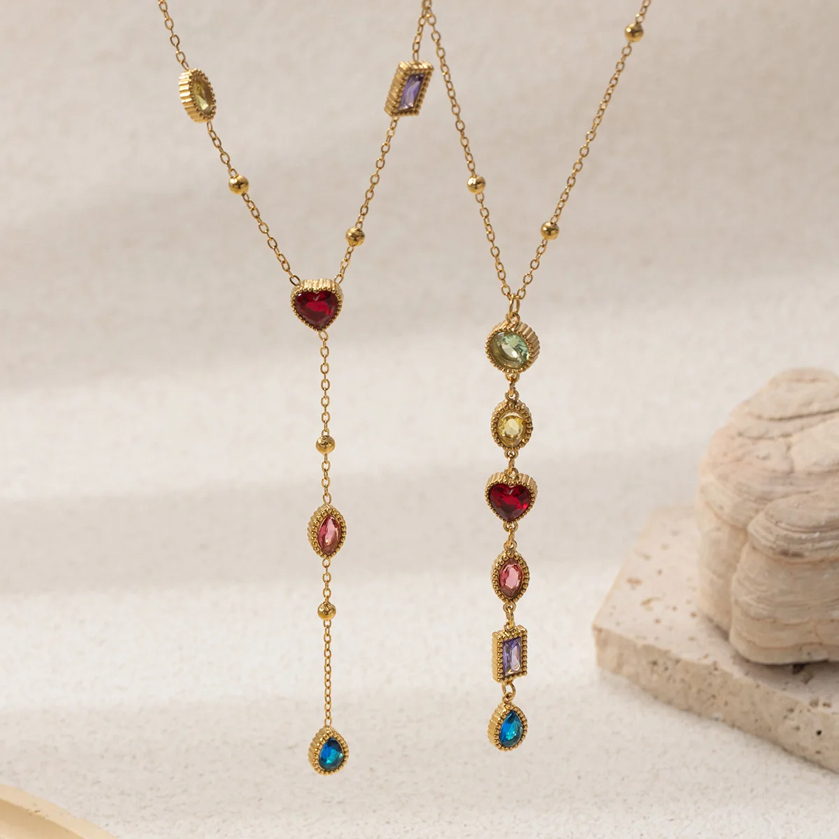 Edelstahl farbige Zirkon Quaste Halskette Luxus lange herzförmige Perle Anhänger Halsketten Zirkon Quaste nicht verblassenden Schmuck Image