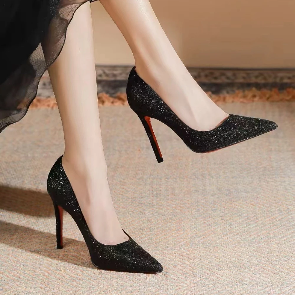 Sexy schwarze High Heels für Frauen, Stiletto, spitze schwarze High Heels, glänzende Pumps, 2025, Frühling/Herbst, modische, elegante Damenschuhe