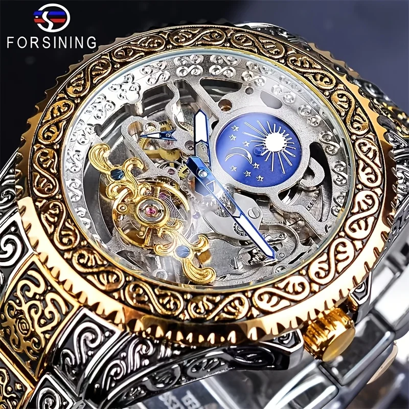 Forsining Luxus Gold Skeleton Mechanische Uhren Mondphase Retro Gravierte Leuchtende Tourbillon Automatische Herren Uhr Stahlband Image