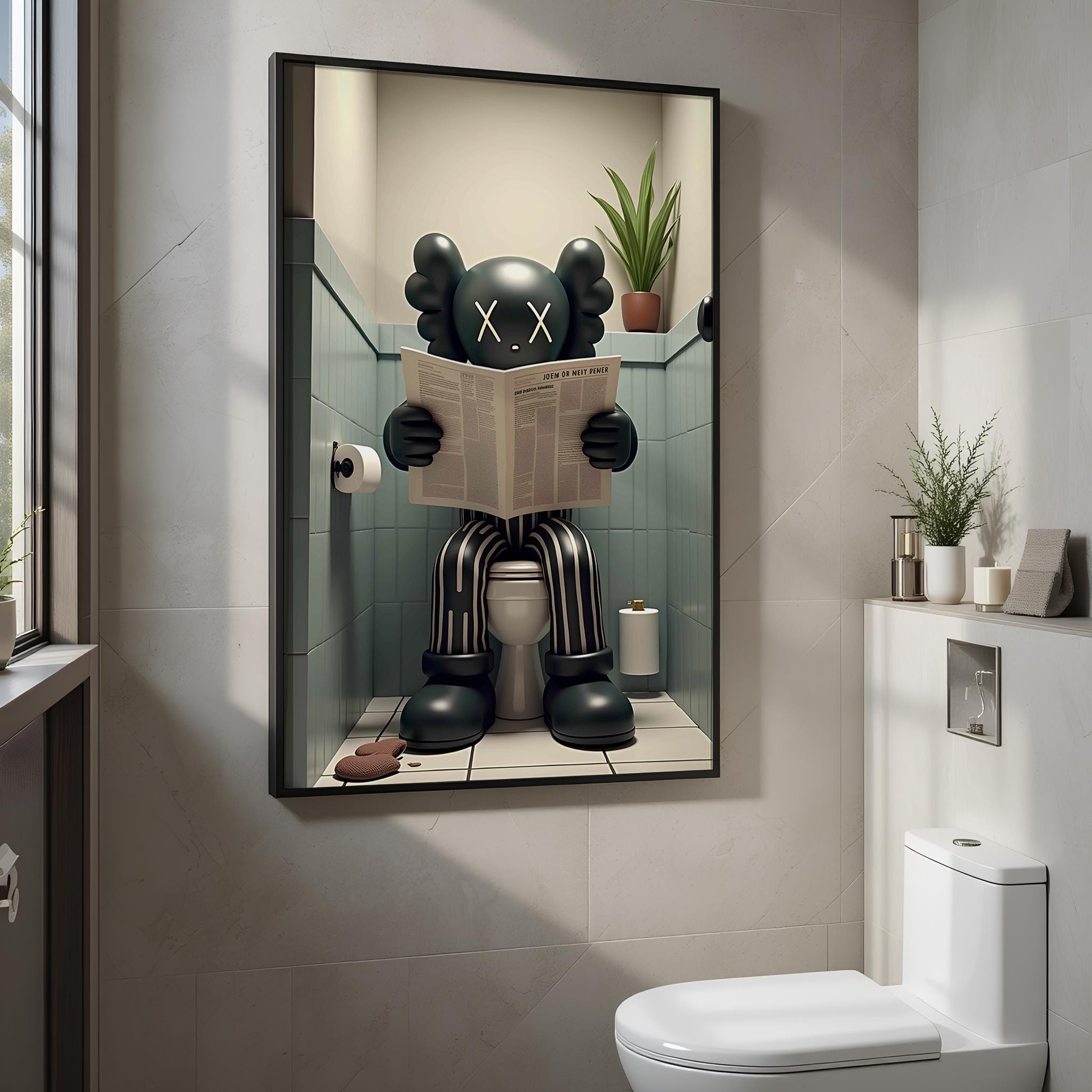 KAW Wall Art, Kaws sul water con giornale, Figura di Kaws, Poster di HypeBeast KAWS, HypeBeast Wall Art, Poster di Kaws nero, Poster di Kaws divertent