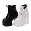 14 cm Dicke Hochhackige Weibliche Patent Leder Stiefeletten Runde Kappe Lace-up Zipper Frauen Kurze Stiefel Gothic Frauen schuhe