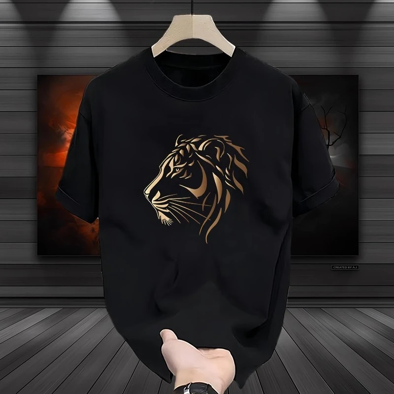 2025, neue männer Sommer Einfarbig Lion Print Rundhals Kurzarm T-shirt Paar Outdoor Street Top Große Größe Image