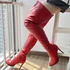 Ronticool Neue handgemachte Damen-Oberschenkelstiefel mit seitlichem Reißverschluss, Unisex, sexy Stiletto-Absätze, runde Zehen, wunderschöne rote Club-Schuhe, US-Größe 5–20