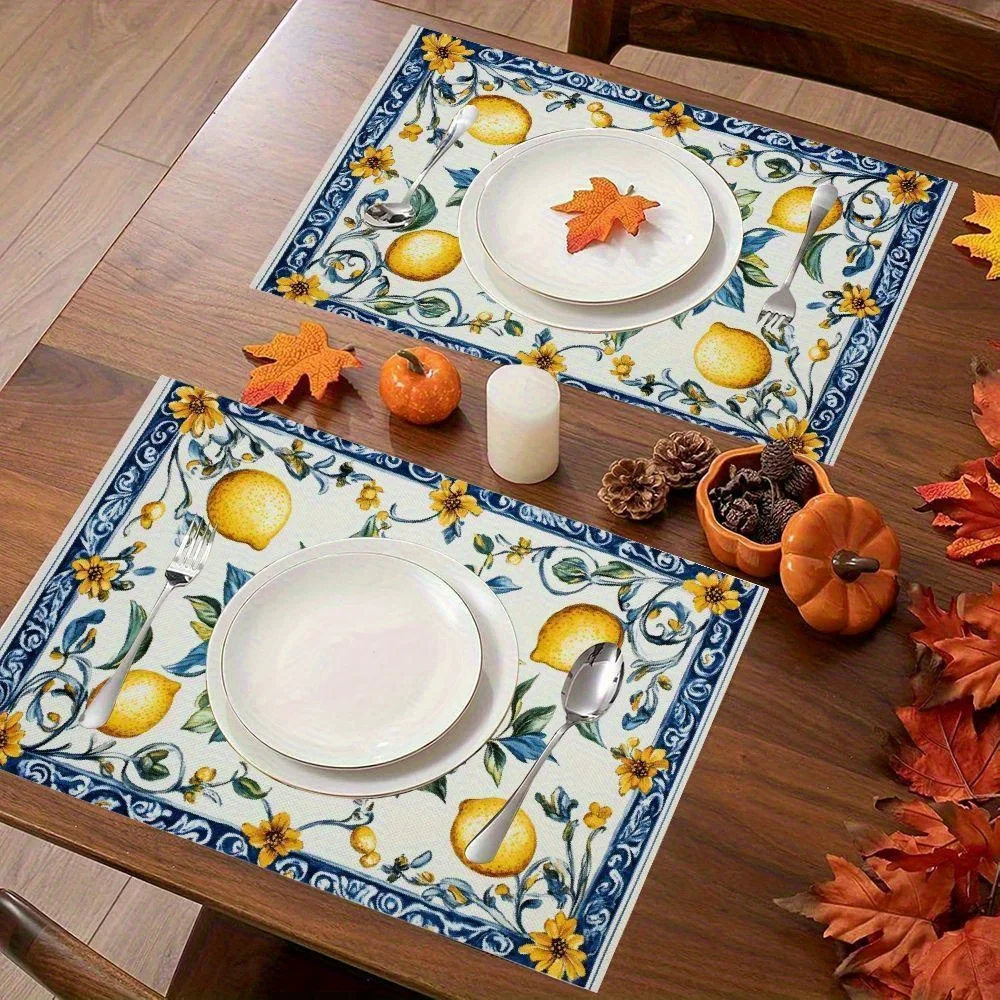 VIKAMA Fresh Lemon Tischdecke und Serviette – Gelb und Blau – Wasserdicht – Geeignet für Esszimmer und Küche – Heimdekoration Image