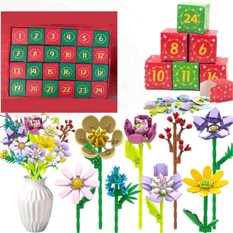 Adventskalender 2025 Blumenstrauß-Bausteine für Erwachsene und Kinder, 24 Tage Weihnachts-Countdown-Kalender mit 24 Arten von Blumen
