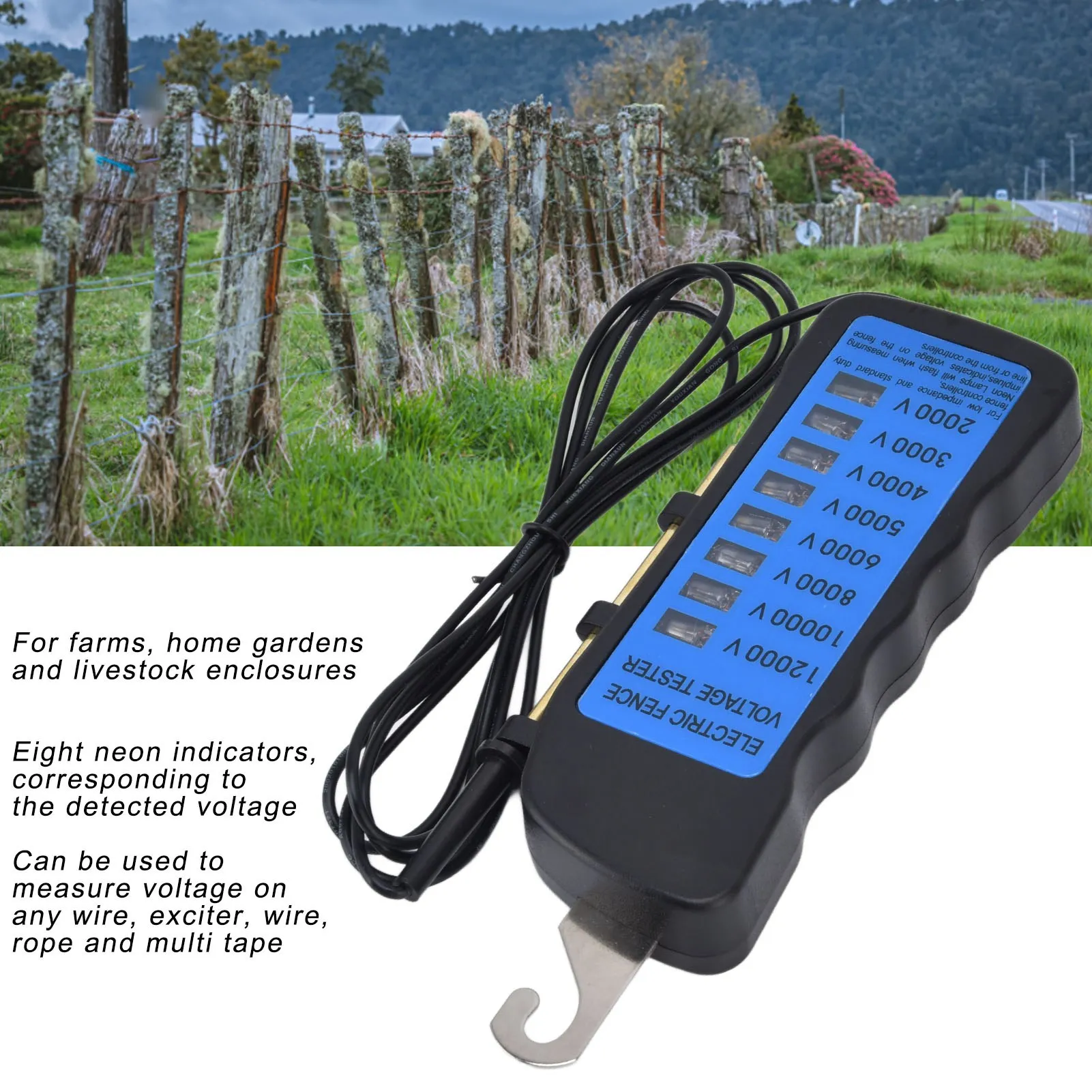 Wasserdichter Zaunprüfer, 12 kV, Neon-Zaun-Spannungsprüfer, 2000 bis 12000 V, 8 Neon-Kontrollleuchten, wasserdichter Zaunprüfer für Bauernhöfe Image