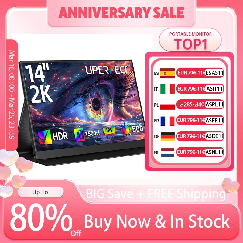UPERFECT 2K 14" tragbarer Gaming-Monitor IPS Ultraschlanker Reiserebildschirm 2160*1440P für Laptop PC Telefon Mac Zweites externes Display Image