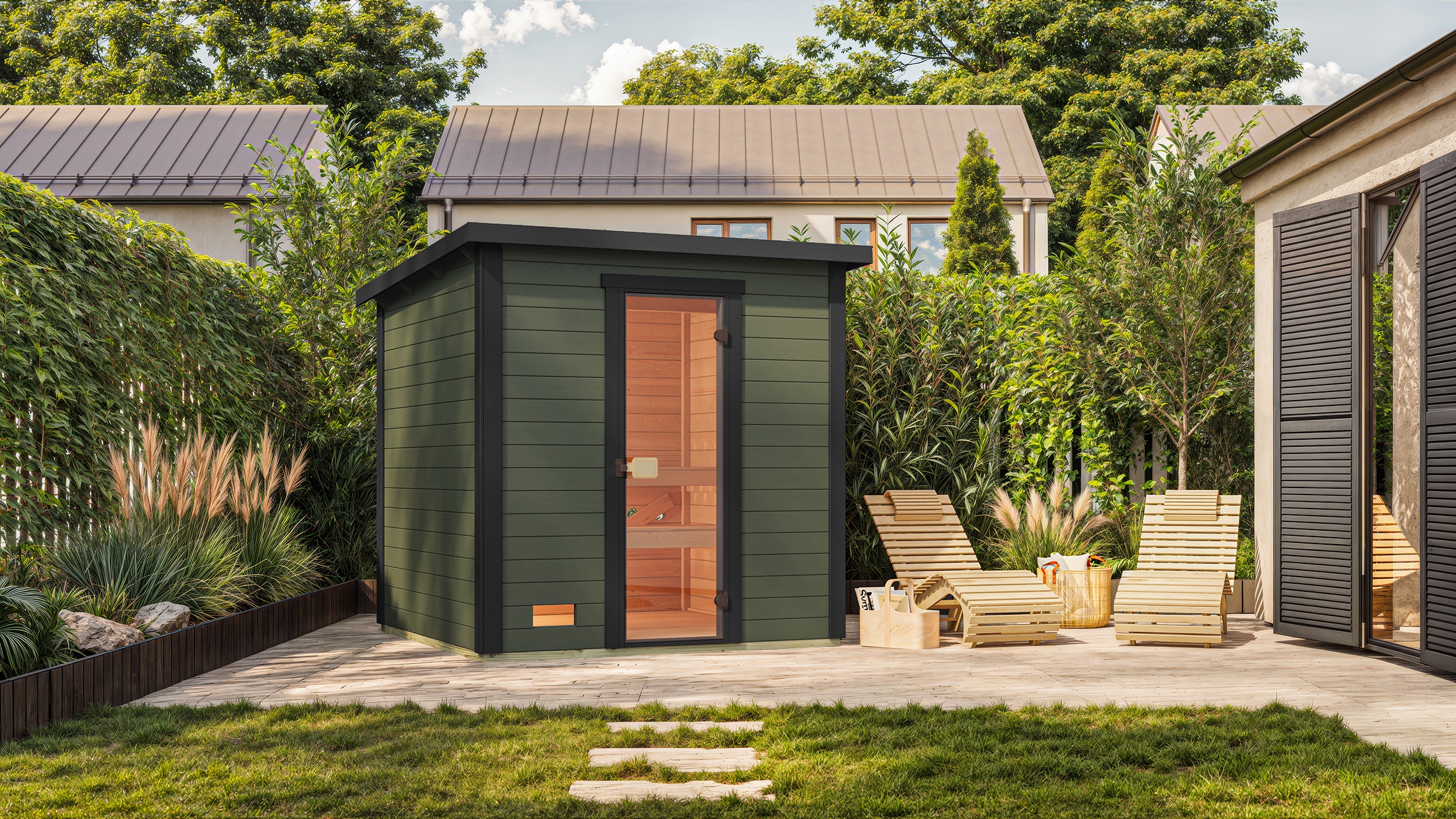 Saunahaus WEKA "Kaapi 3", anthrazit, Bio-Kombiofen, externe Steuerung, 9 kW, Saunen, Blockbohlen aus Fichtenholz Image