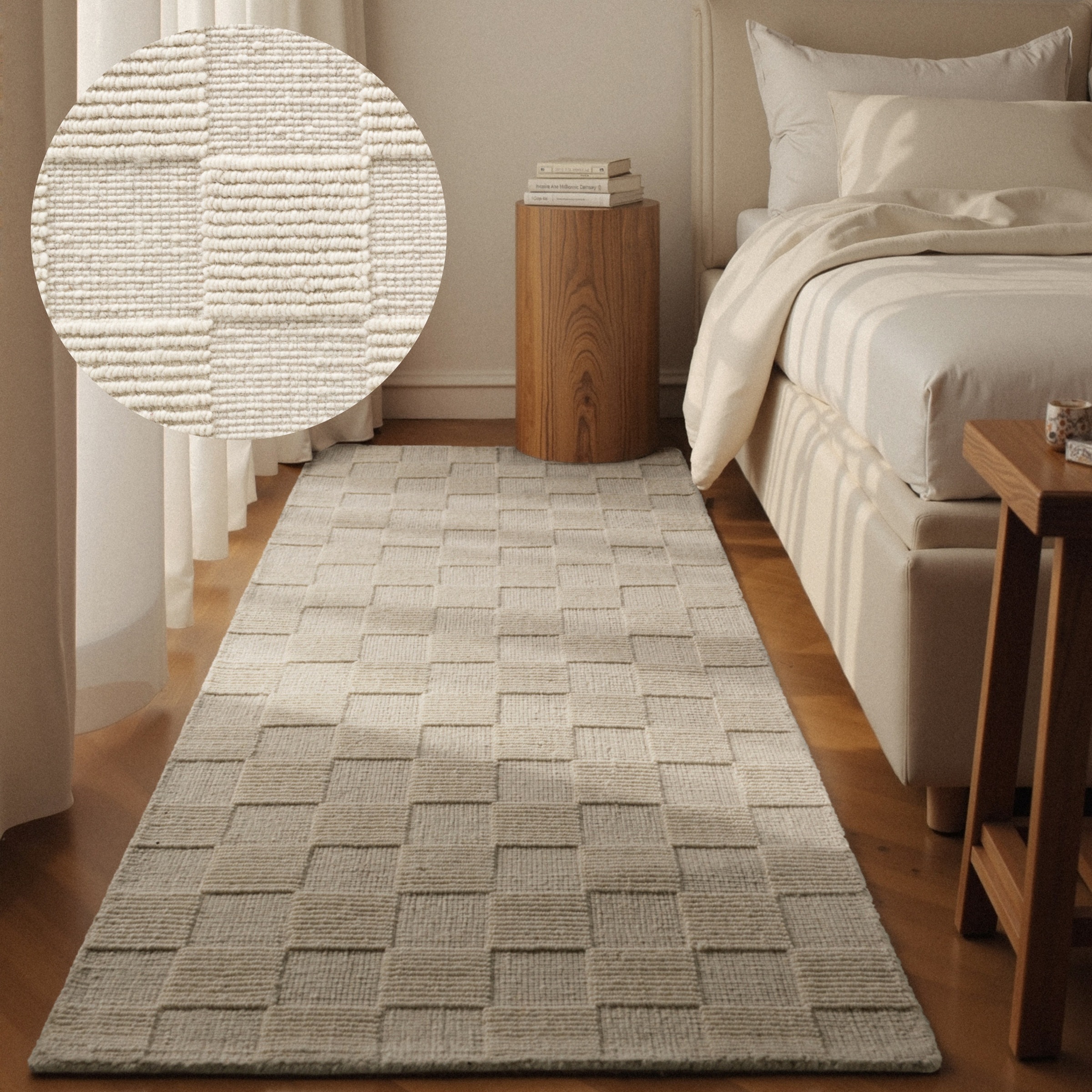 Wollteppich VILLEROY & BOCH "Scala", natur weiß, B:80cm H:10mm L:200cm, Wolle, Teppiche, Handgewebt, Wolle, Kariert, Natur, 3D-Struktur, Karo, Wohnzimmer Image