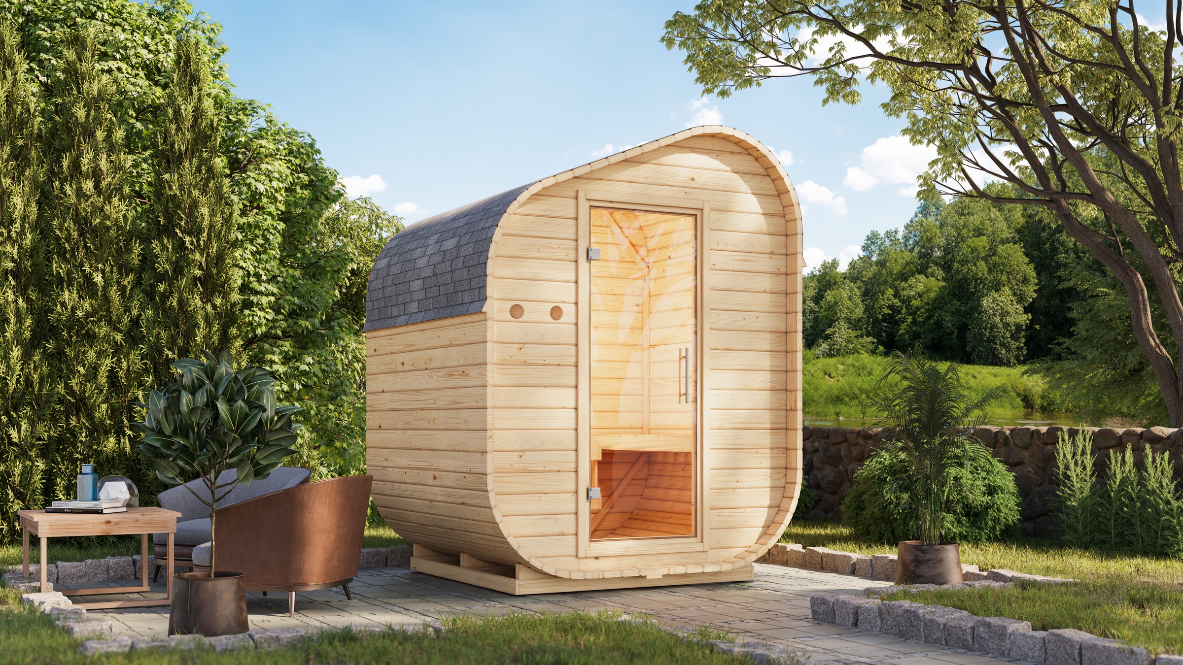 Fasssauna KARIBU "Asymmetrisch 1" SET, naturbelassen, mit Ofen 9 kW", naturbelassen, Saunaofen, externe Steuerung, 400 kW, Saunen, aus hochwertiger nordischer Fichte Image