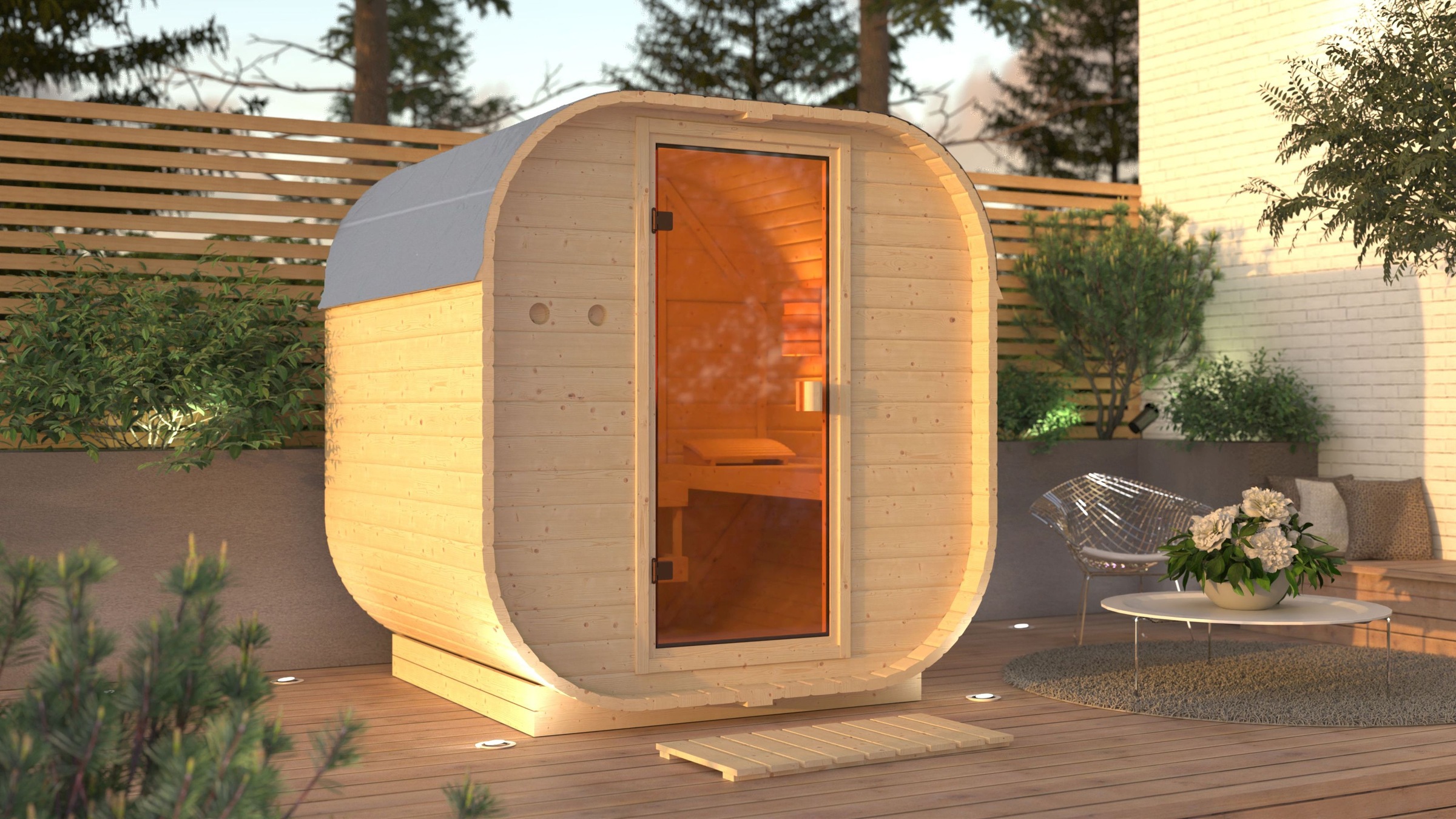 Fasssauna KARIBU "Quadro 1" SET, naturbelassen mit Ofen 9 kW", beige (naturbelassen), Bio-Kombiofen, externe Steuerung, 400 kW, Saunen, aus hochwertiger nordischer Fichte Image