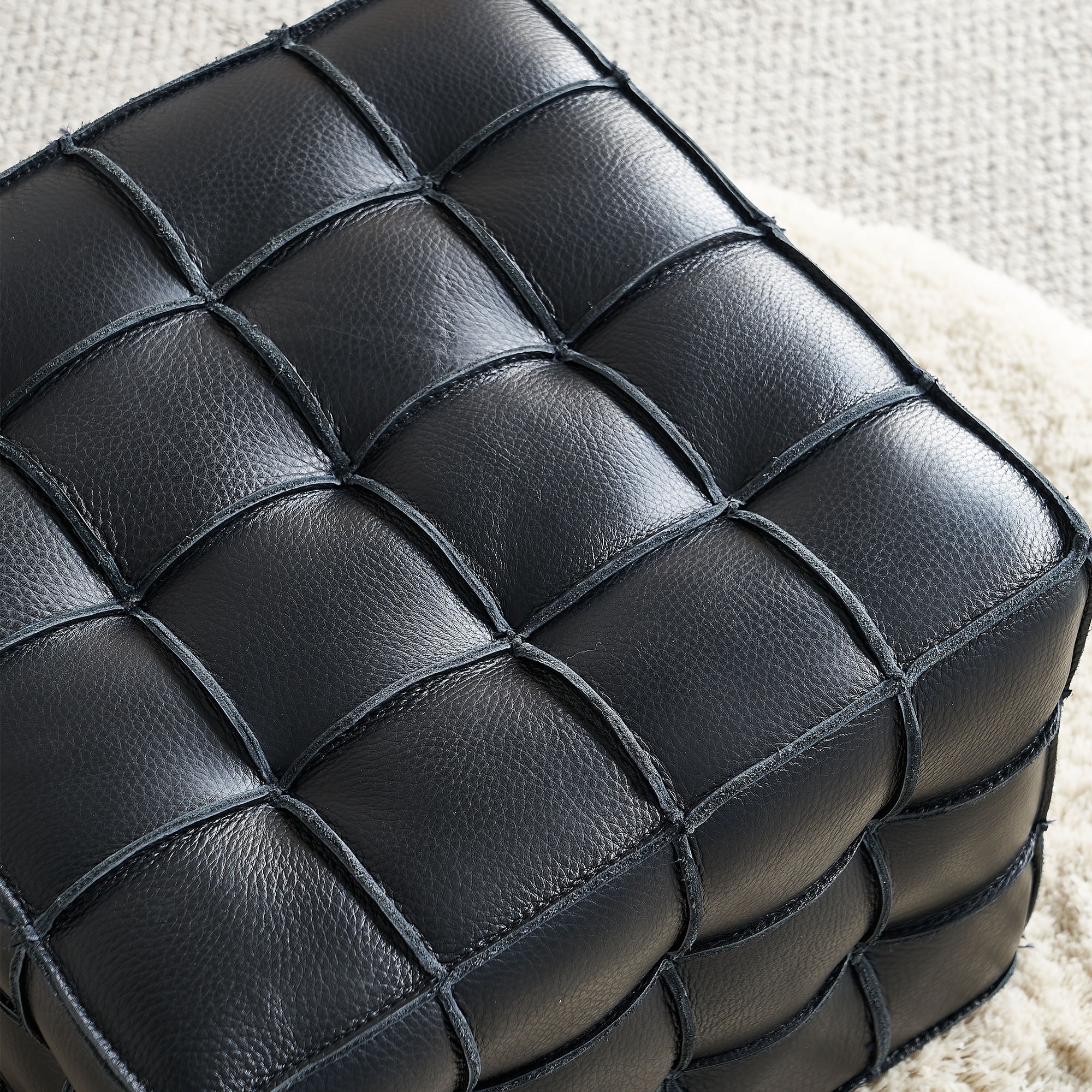 17.32''W Genuine Leather Tufted Ottoman,Footstool For Living Room & Bedroom,Black Color