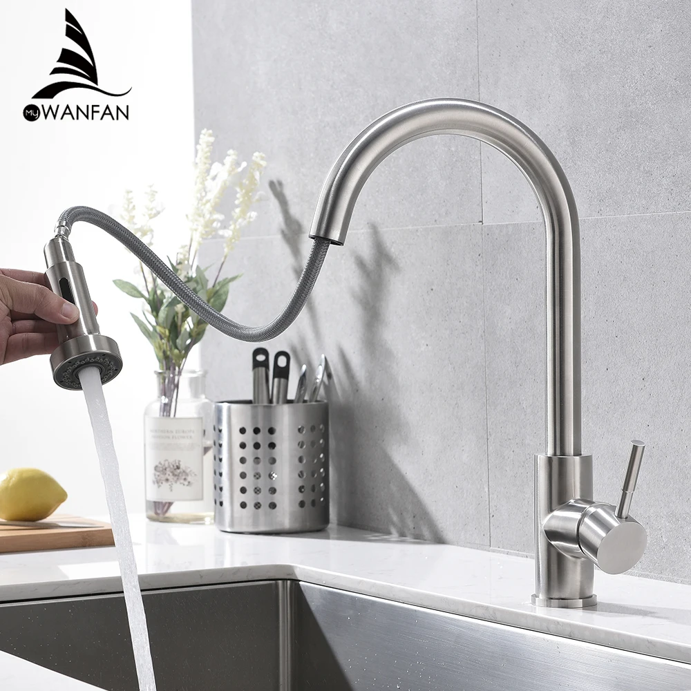 Robinet de cuisine Surface en acier inoxydable, robinet d'eau chaude et froide, robinet d'évier de cuisine, robinet de cuisine extractible à trou unique