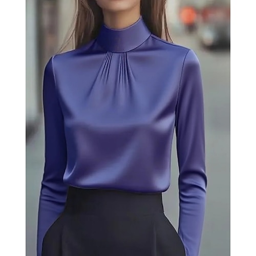 camicia da donna elegante camicetta semplice elegante alla moda manica lunga collo alto top normali lavoro vacanza per uscire arricciato nero bianco viola cachi primavera autunno
