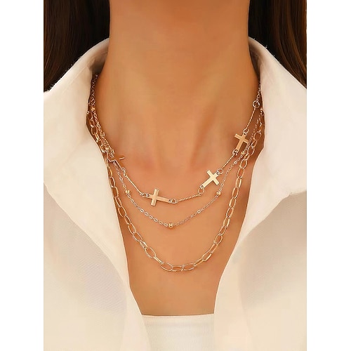 Collana con croce natalizia da donna, catena in oro a strati con ciondolo di perle e strass, elegante gioiello natalizio per feste, matrimoni e regali