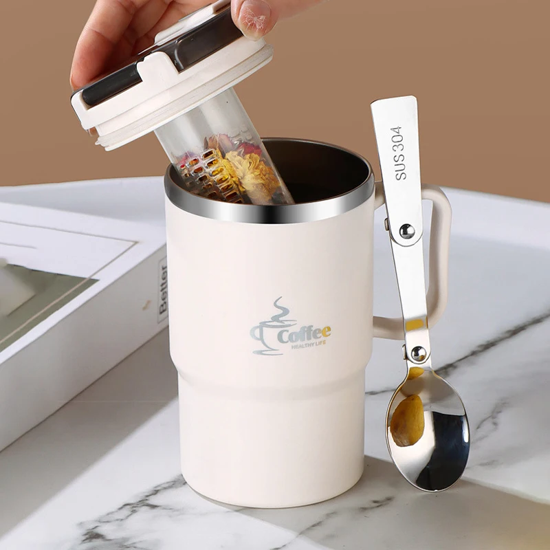 Edelstahl-Thermobecher mit Doppelwand, Trinkflasche mit Strohhalm, Auslaufsicherer Becher mit Teesieb und Löffel für Frühstück Image