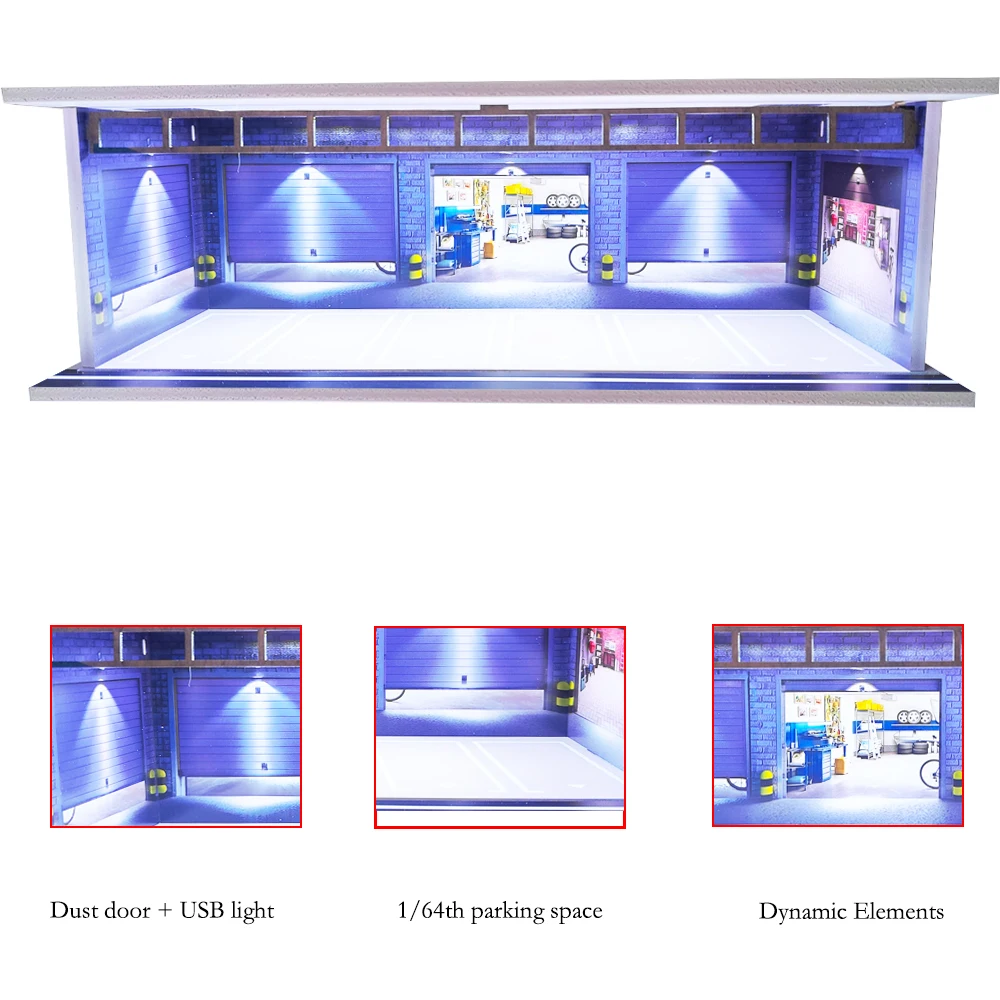 1:64 Sammlerwagen Garage Diorama Miniaturen Modelle USB-betriebene LED-Beleuchtung für Modellauto-Vitrine im Maßstab 1:64