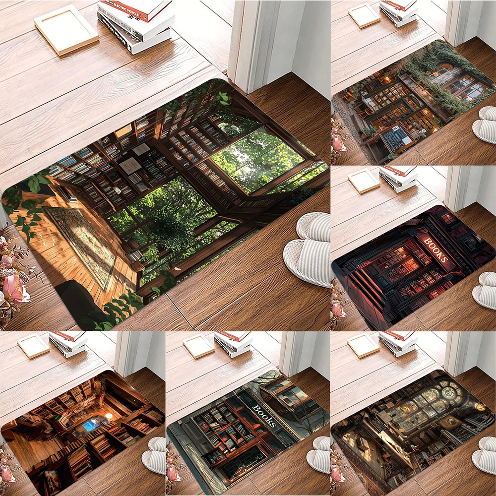 Fußmatte mit Buchmotiv und Sonnenbeleuchtung, Waldbibliothek, Vintage-Buntglas-Studie, gemütliche Buchhandlung, Kunstdesigns für die Inneneinrichtung Image