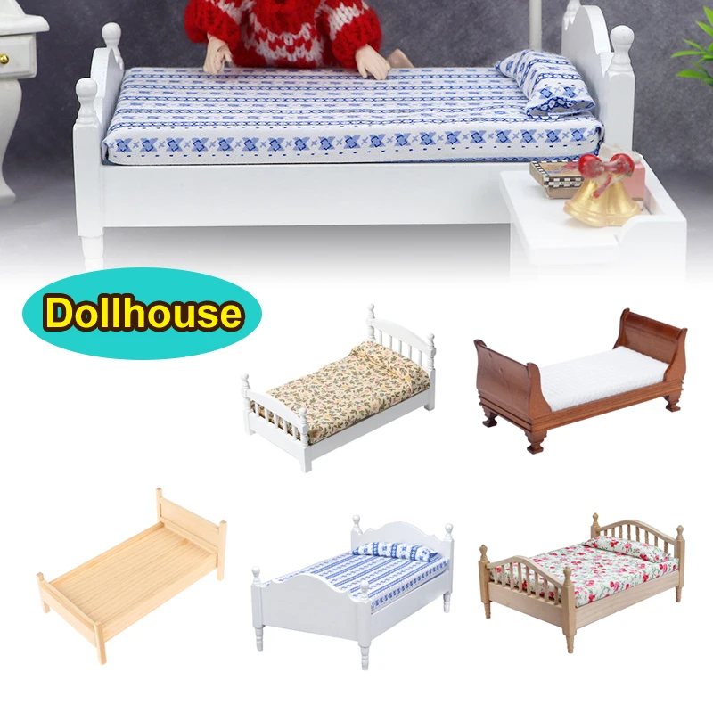 1/12 Puppenhaus Holz/Eisen Mini Einzel-/Doppelbett Home Schlafzimmer Möbel Spielzeug Wohnzimmer Möbel Modell handgemachtes Spielzeug