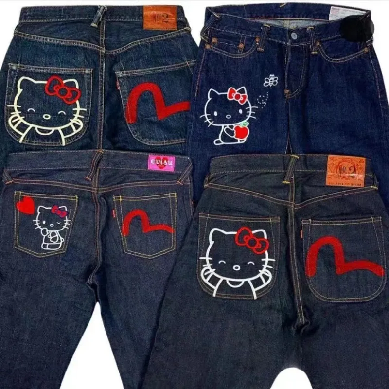 Sanrio Hello Kitty Übergroße bedruckte Jeans Anime Y2K Mode Hip-Hop Trend High Street Harajuku Stil Lässige gerade Hose Damen