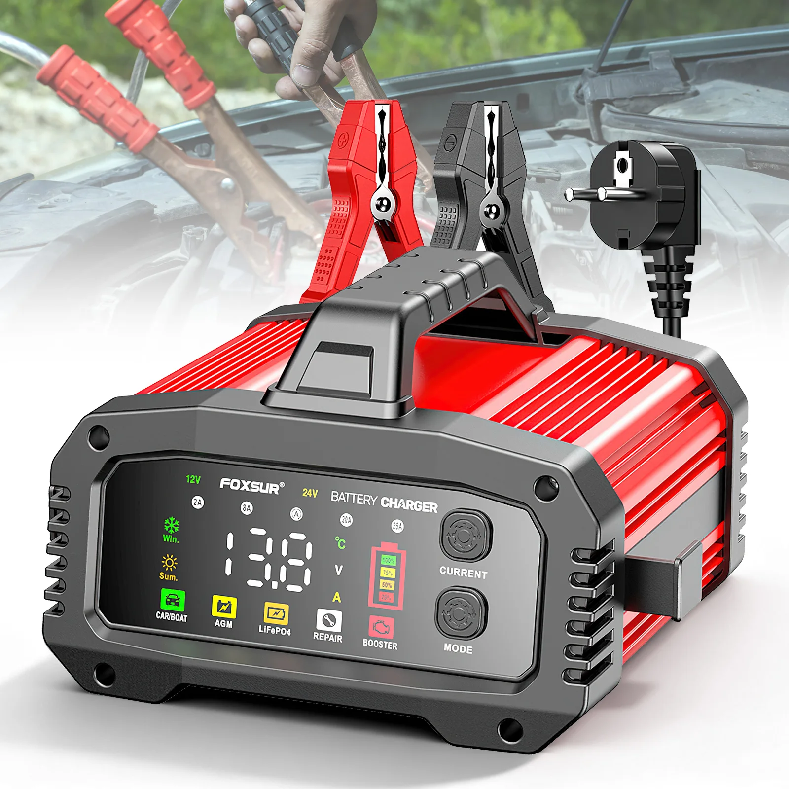 Tragbares 25A/15A Smart Car Battery Charger für 12V-24V Motorrad Blei Säure AGM GEL LiFePo4 Batterien Auto Booster Puls Reparatur Image