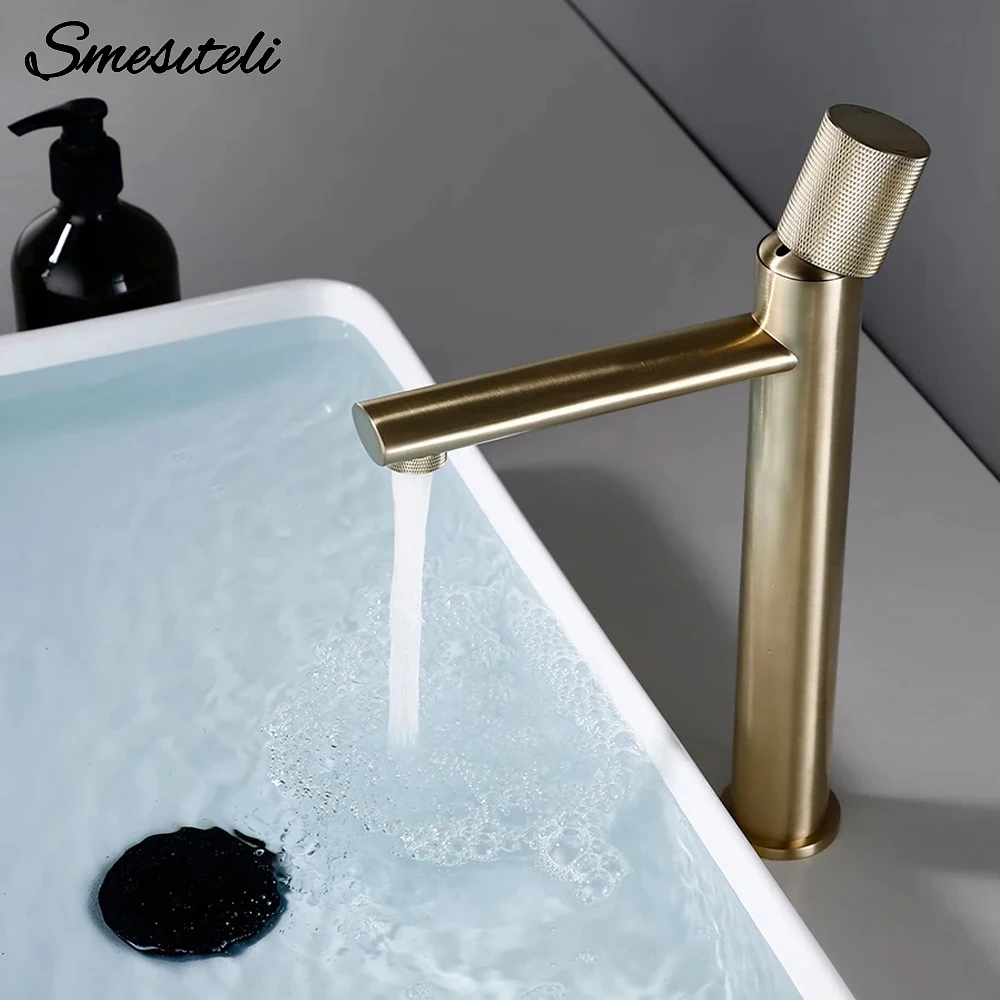 Gerändelter Wasserhahn, gebürstetes Gold, Waschbecken-Wasserhahn, Badezimmer-Wasserhähne, Einhebelmischer für heiße und kalte Waschbecken, gerändelter Waschbecken-Wasserhahn