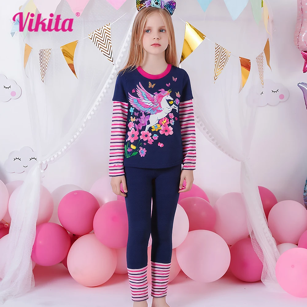 VIKITA 2025 Kinderkleidungssets für Mädchen, Blumen-Einhorn-Schmetterling, langärmelig, Baumwolle, lässige Oberteile, T-Shirts und schmale Bleistifthosen, 2-teilig Image