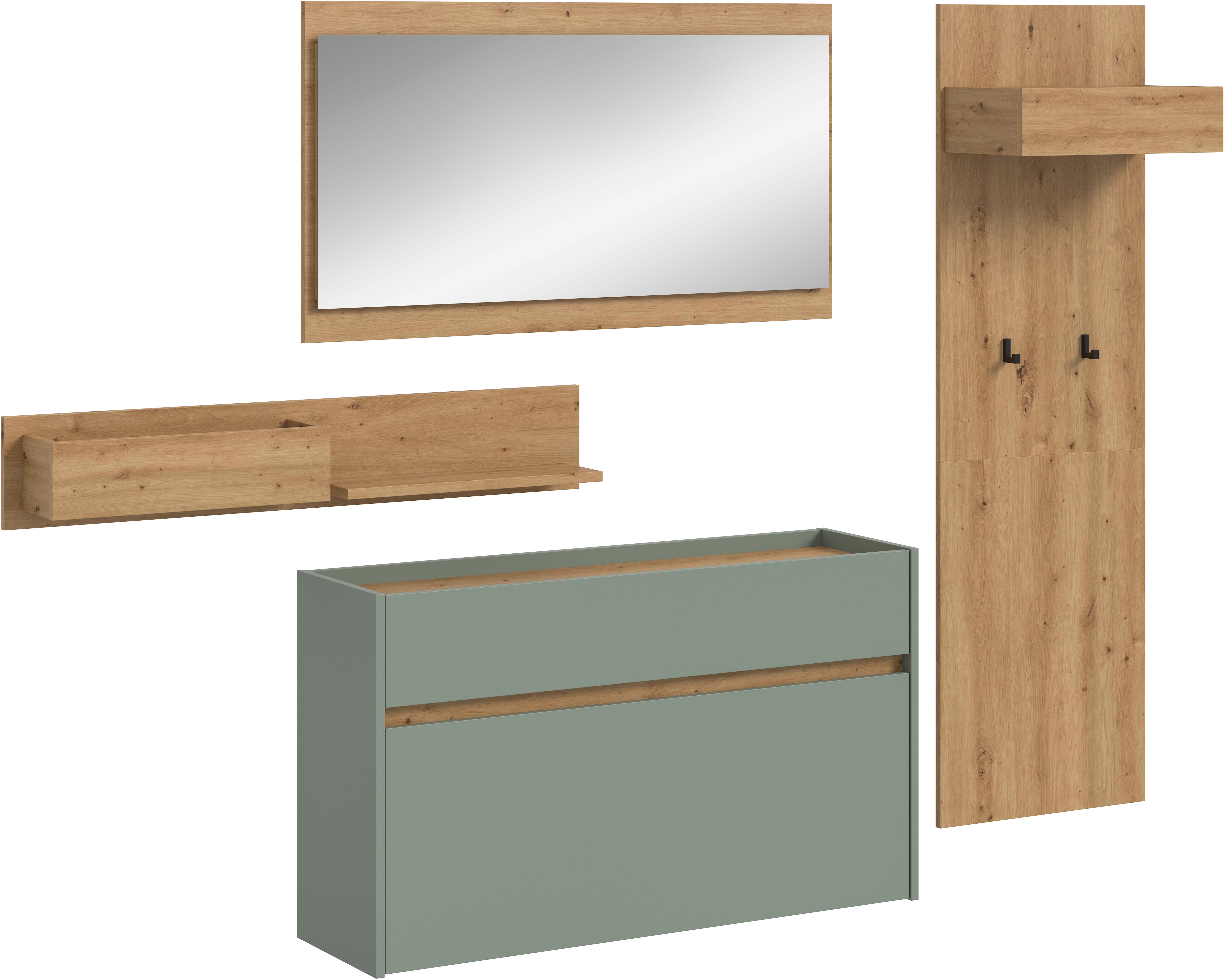 Garderoben-Set HOME AFFAIRE "EVRID, 4-teilig, Breite 205 cm, individuell hängbar & erweiterbar", salbei nb, artisan oak nb, B:205cm H:192cm T:32cm, Spanplatte, Kastenmöbel-Sets, Garderobenkombination, Garderobe, Wandgarderobe, Flur, Diele