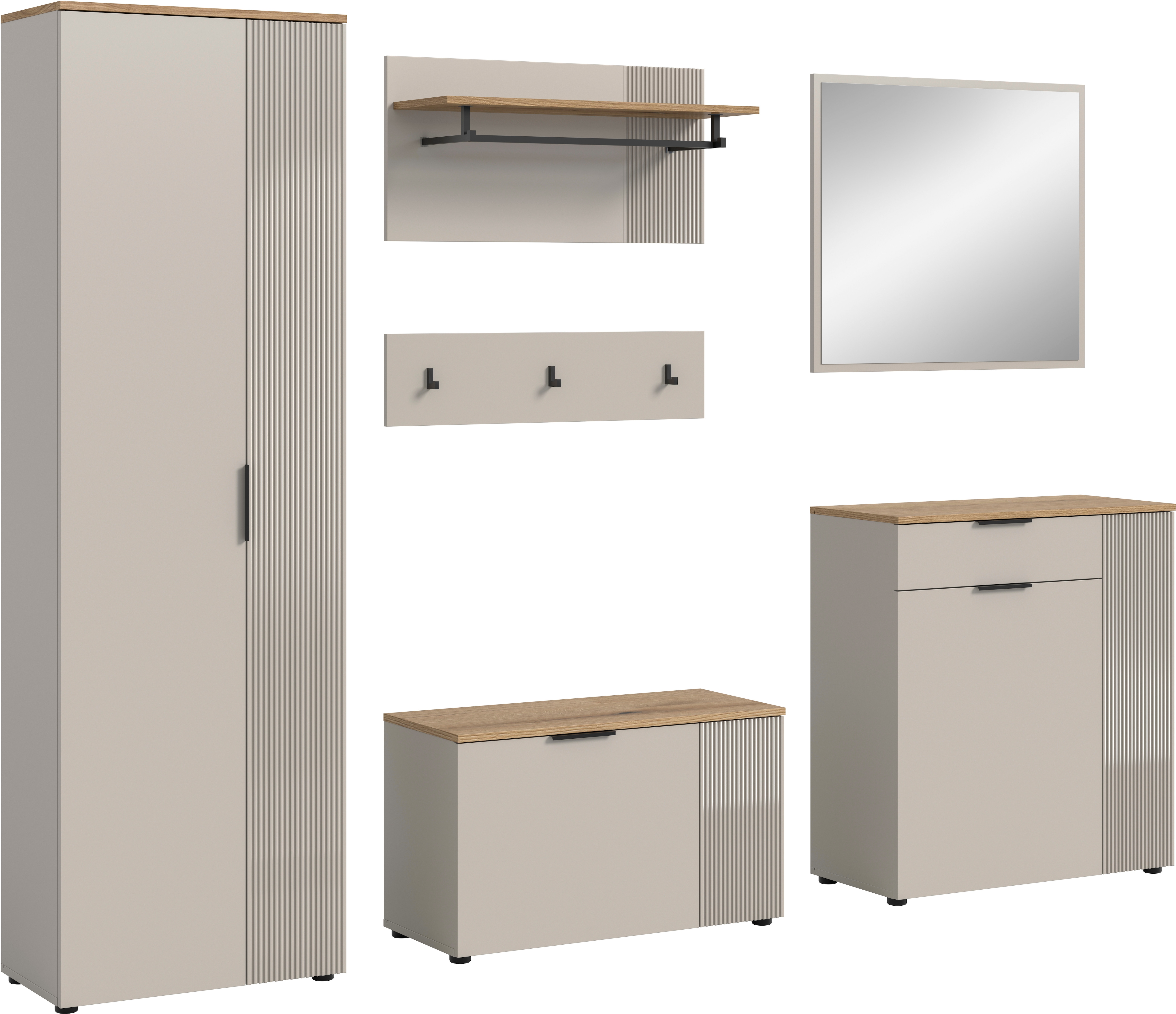 Garderoben-Set INOSIGN "EDIL, Breite 250 cm, 6-teilig, Front mit hochwertiger Längstfräsung", kaschmir, evoke oak nachbildung, B:250cm H:190cm T:36cm, Holzwerkstoff, Kastenmöbel-Sets, Garderobenkombination, Kombination, Set, Garderobe, Flurgarderobe Image