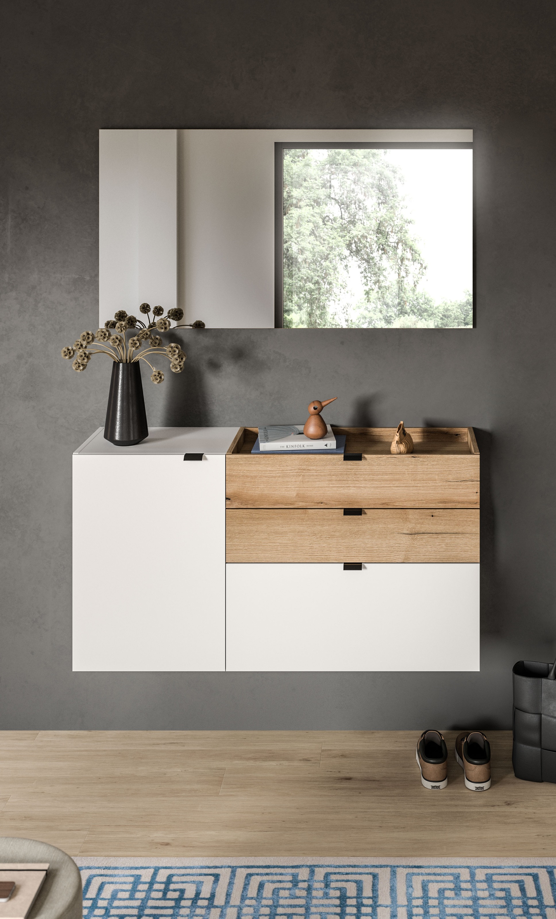 Garderoben-Set INOSIGN "Oran", weiß, B:120cm H:194cm T:37cm, Spanplatte, Kastenmöbel-Sets, Oran, Evoke Oak, weiß, Garderobenset, Spiegel, Schrank, Flurmöbel Image