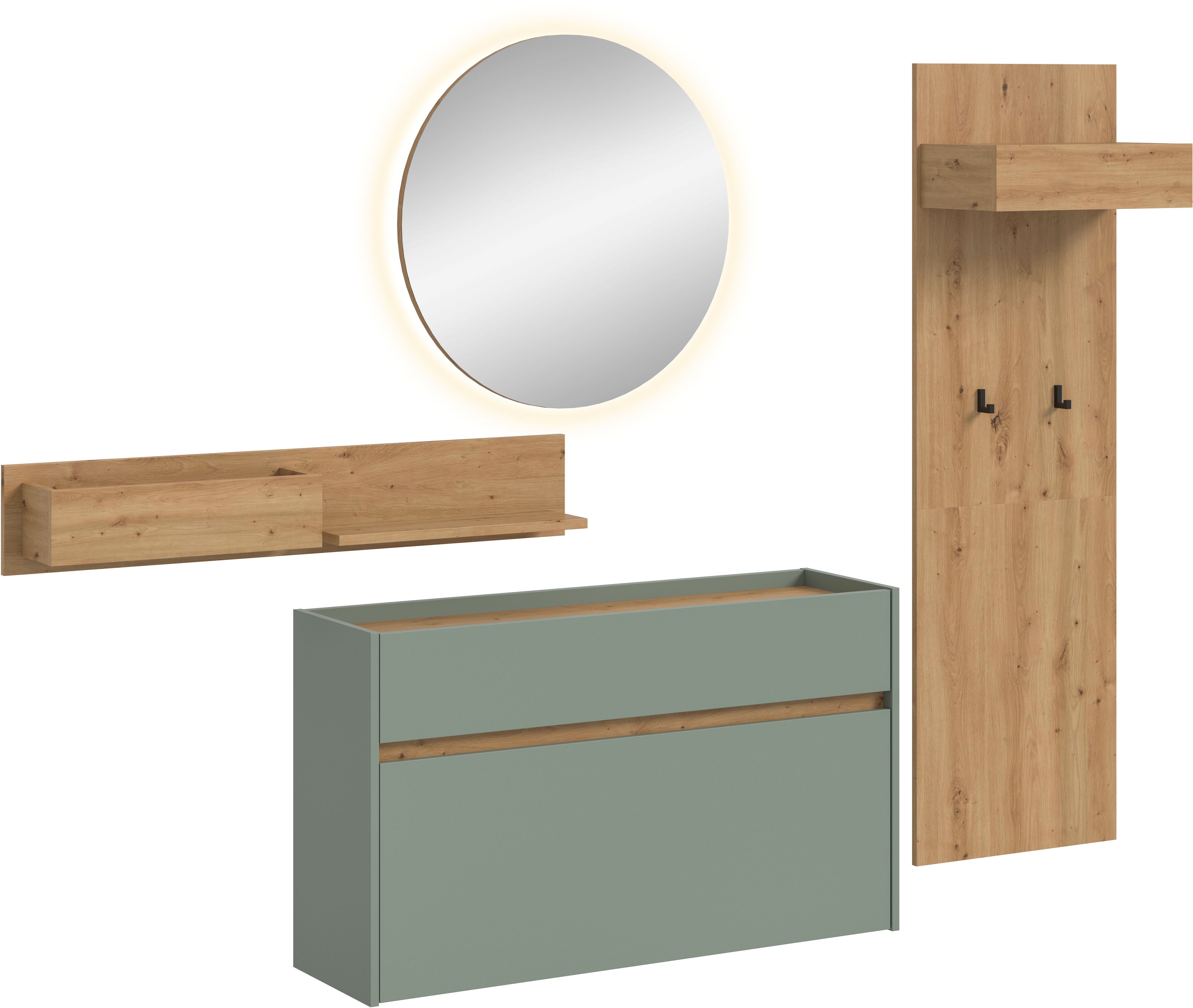Garderoben-Set HOME AFFAIRE "EVRID, 4-teilig, Breite 205 cm, inkl. Beleuchtung", salbei nb, artisan oak nb, B:205cm H:197cm T:32cm, Spanplatte, Kastenmöbel-Sets, Garderobenkombination, Garderobe, Wandgarderobe, Flur, Diele
