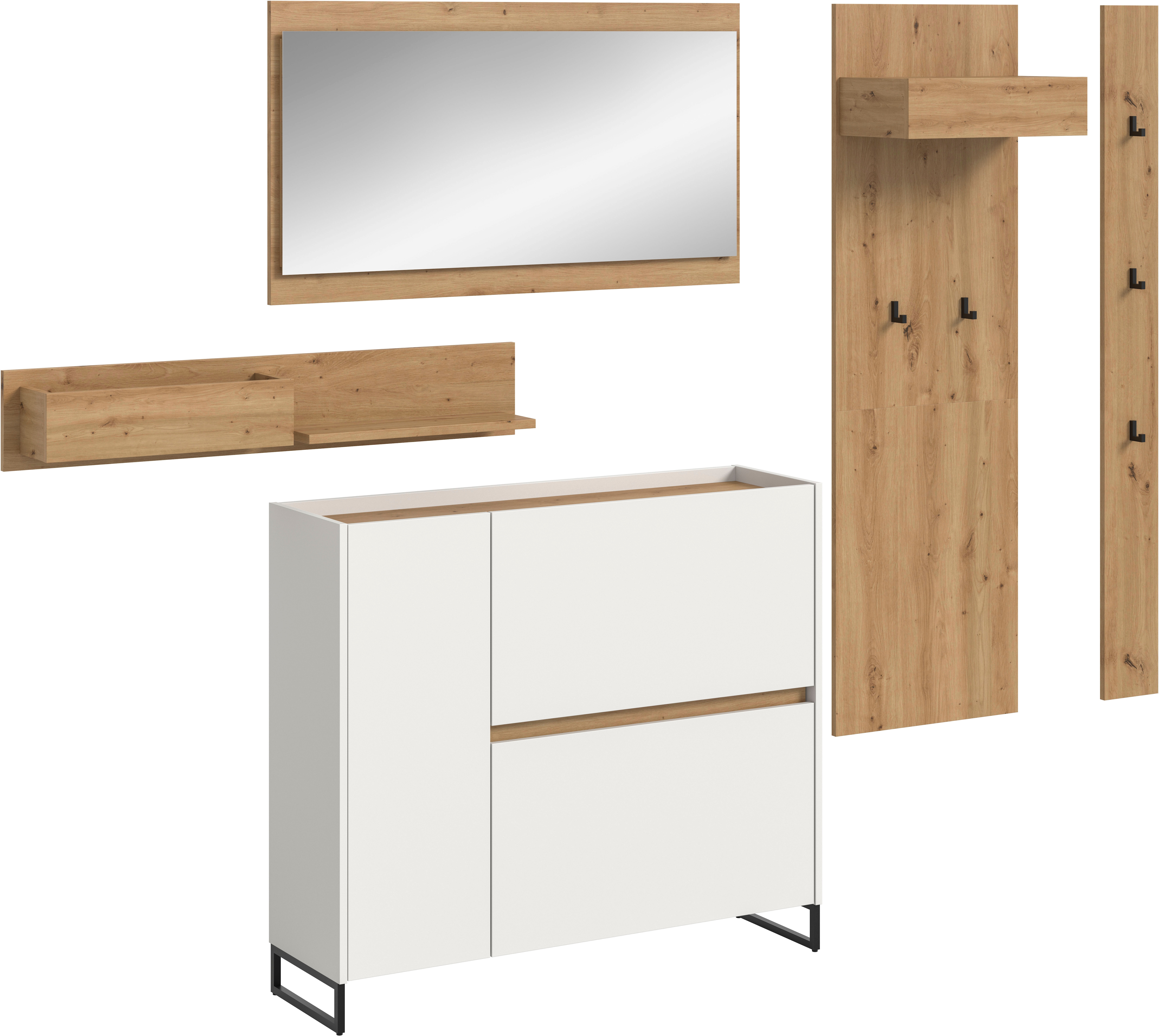 Garderoben-Set INOSIGN "EVRID, 5-teilig, Breite 236 cm, individuell stellbar & erweiterbar", weiß nb, artisan oak nb, B:236cm H:192cm T:32cm, Spanplatte, Kastenmöbel-Sets, Garderobenkombination, Garderobe, Wandgarderobe, Flur, Diele Image
