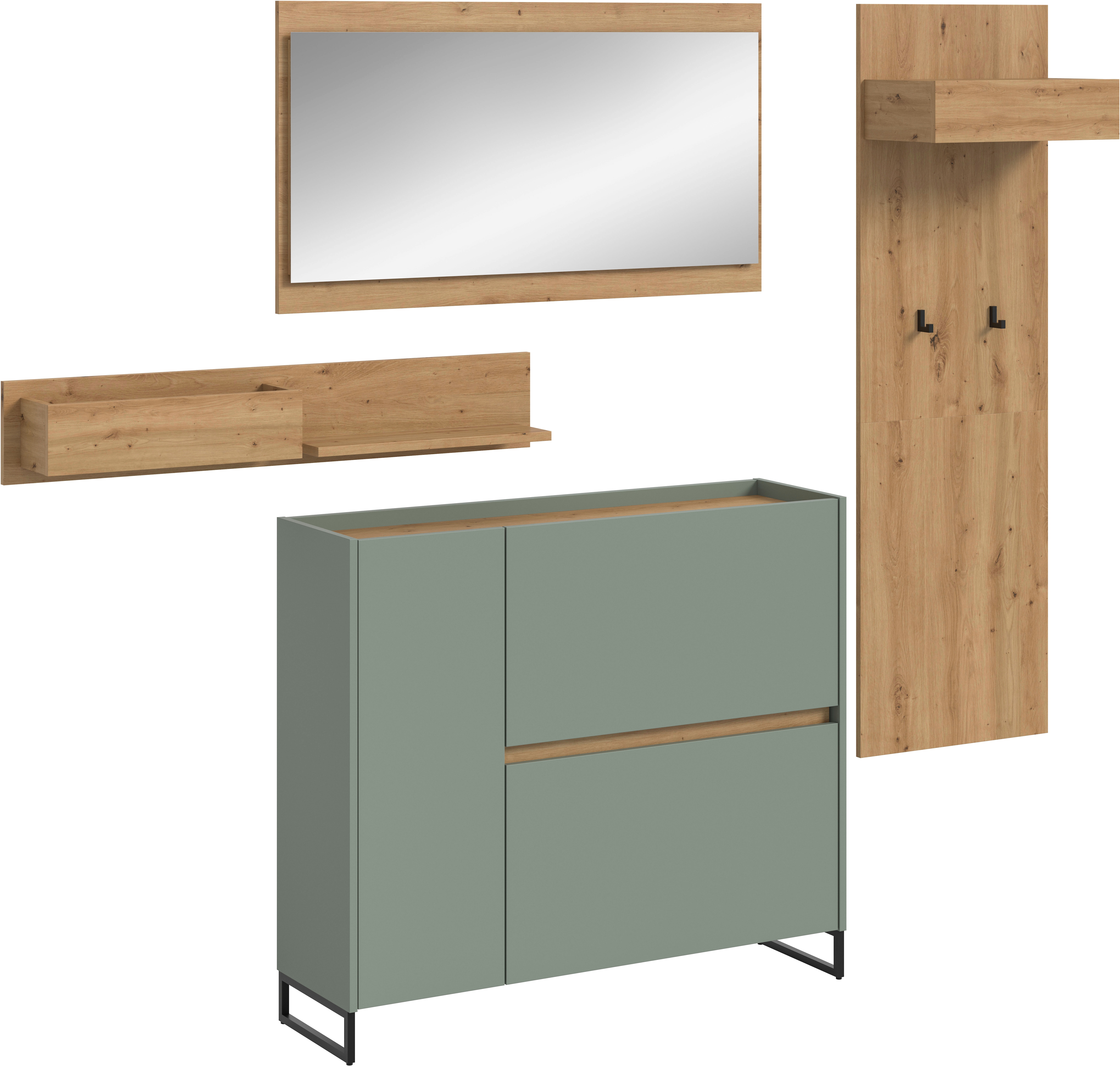 Garderoben-Set HOME AFFAIRE "EVRID, 3-teilig, Breite 175 cm, individuell stellbar & erweiterbar", salbei nb, artisan oak nb, B:175cm H:192cm T:32cm, Spanplatte, Kastenmöbel-Sets, Garderobenkombination, Garderobe, Wandgarderobe, Flur, Diele