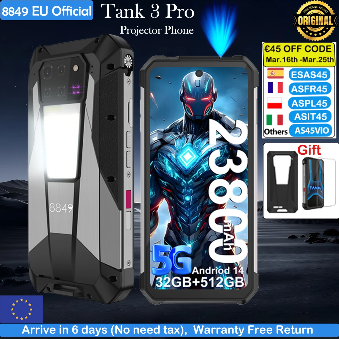8849 Tank 3 Pro Smartphone robusto Unihertz con proiettore 100 lumen 5G 32/36GB 512GB 23800mAh Telefoni cellulari Dimensity 8200 CPU