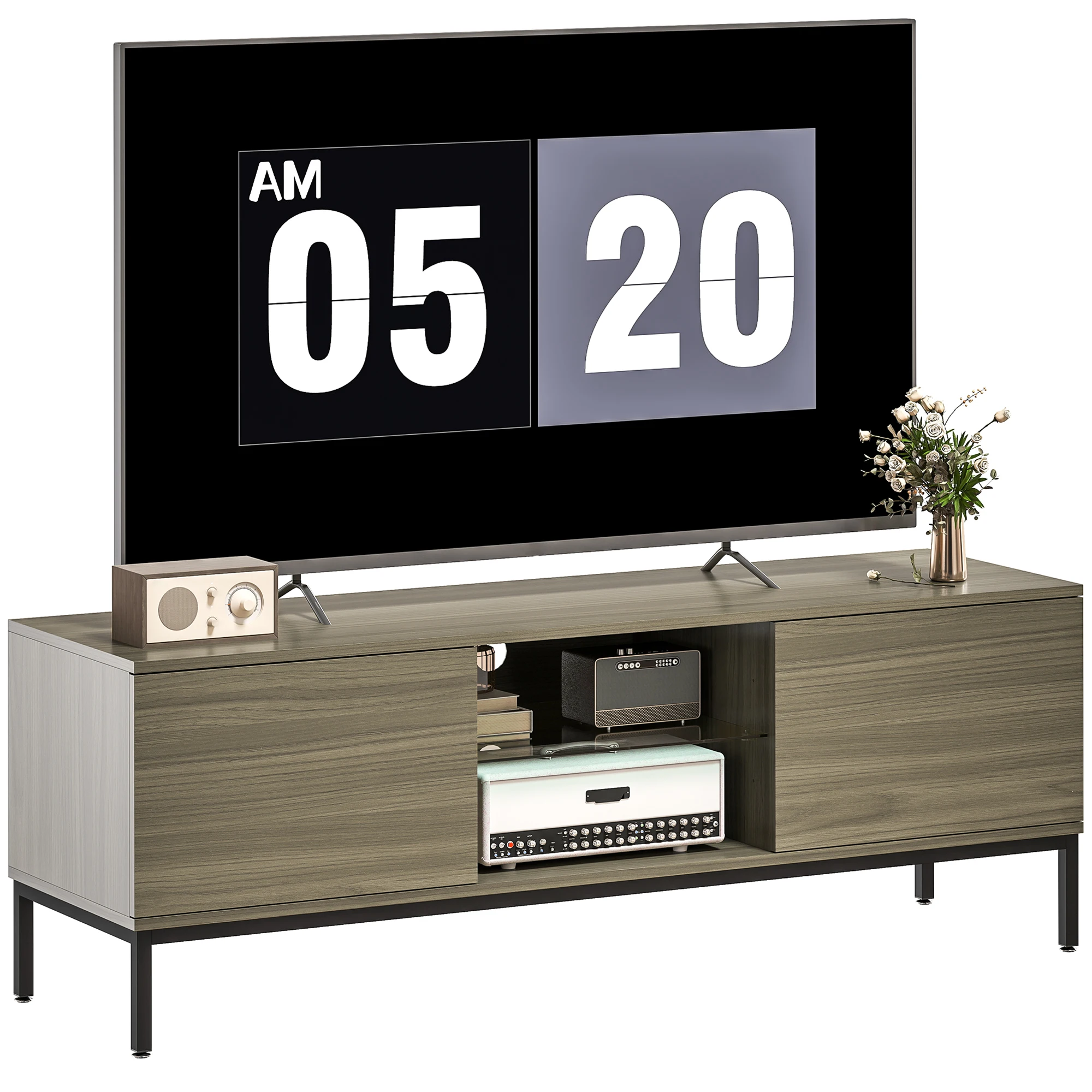 Homcom Meuble TV moderne Meuble TV pour salon avec 2 compartiments ouverts 2 portes étagère en verre réglable et 2 trous pour télévision jusqu'à 60 pouces 140X40X49.5 cm Gris
