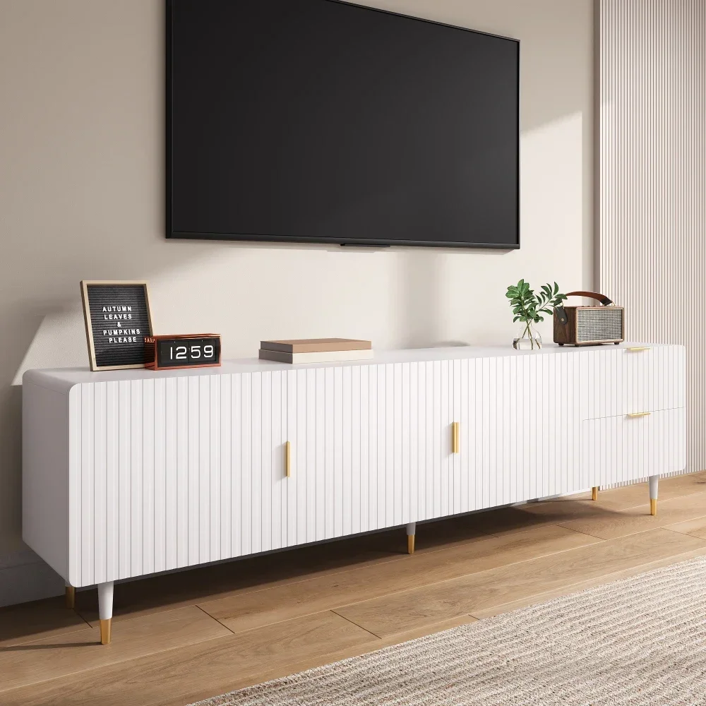 Meuble TV avec tiroirs, meuble TV avec poignées dorées, pieds dorés et pieds réglables, portes avec étagères, pour salon et maison
