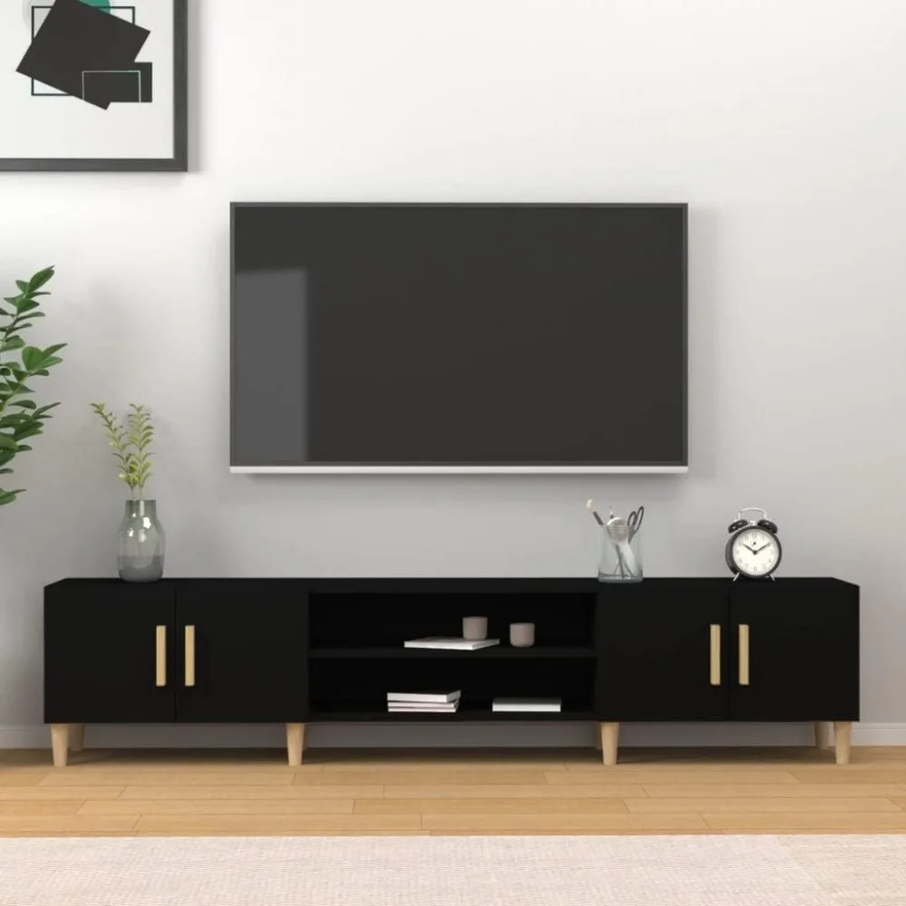 Meuble TV, meuble TV avec 4 compartiments et 4 portes, meuble TV salon, moderne, bois d'ingénierie noir