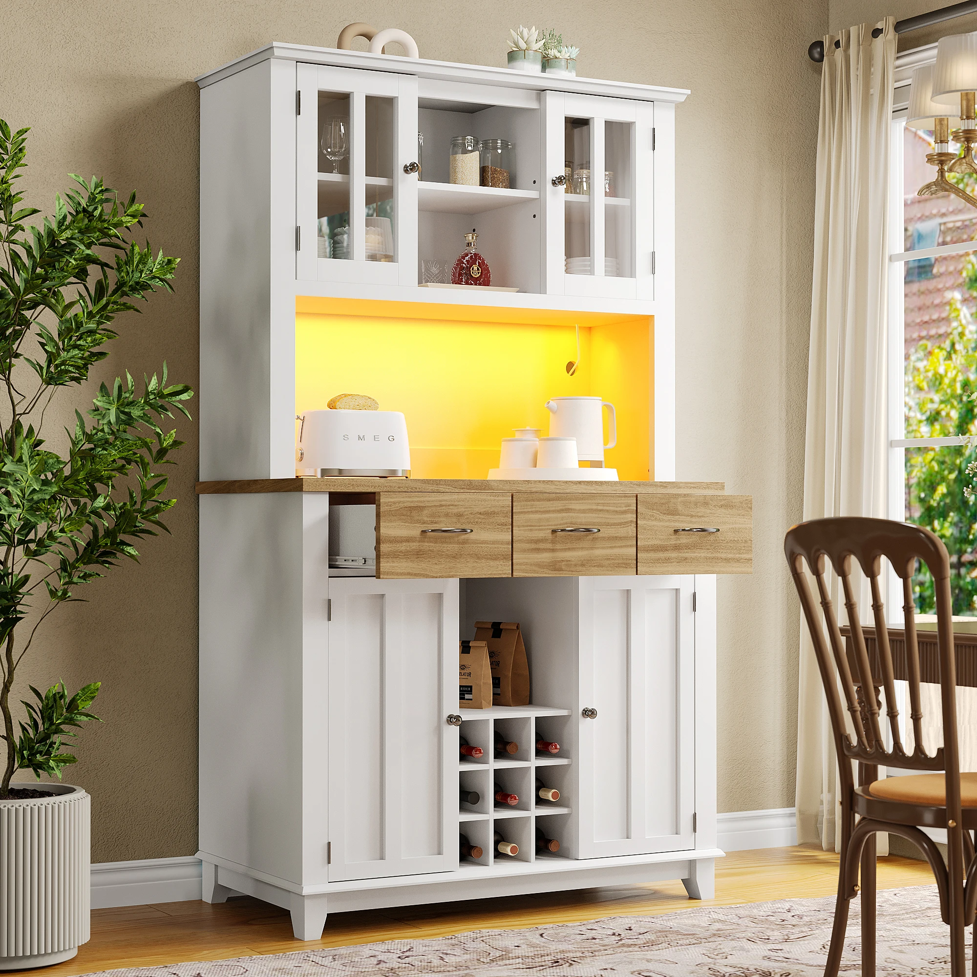 Meuble de cuisine, buffet de cuisine haut, vitrine, meuble buffet avec étagères réglables, meuble buffet (tiroirs couleur bois)