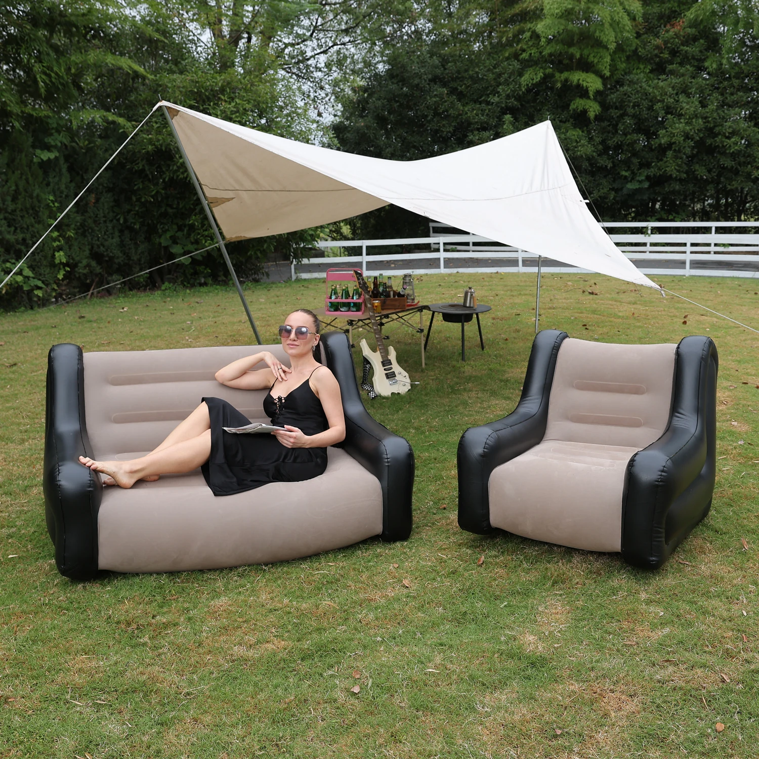 Luftmatratze, aufblasbares Sofa, doppelter aufblasbarer Stuhl für zusammenklappbare Blow-Up-Couch-Liege, tragbares Luftsofa, Innenzelt, Camping Image
