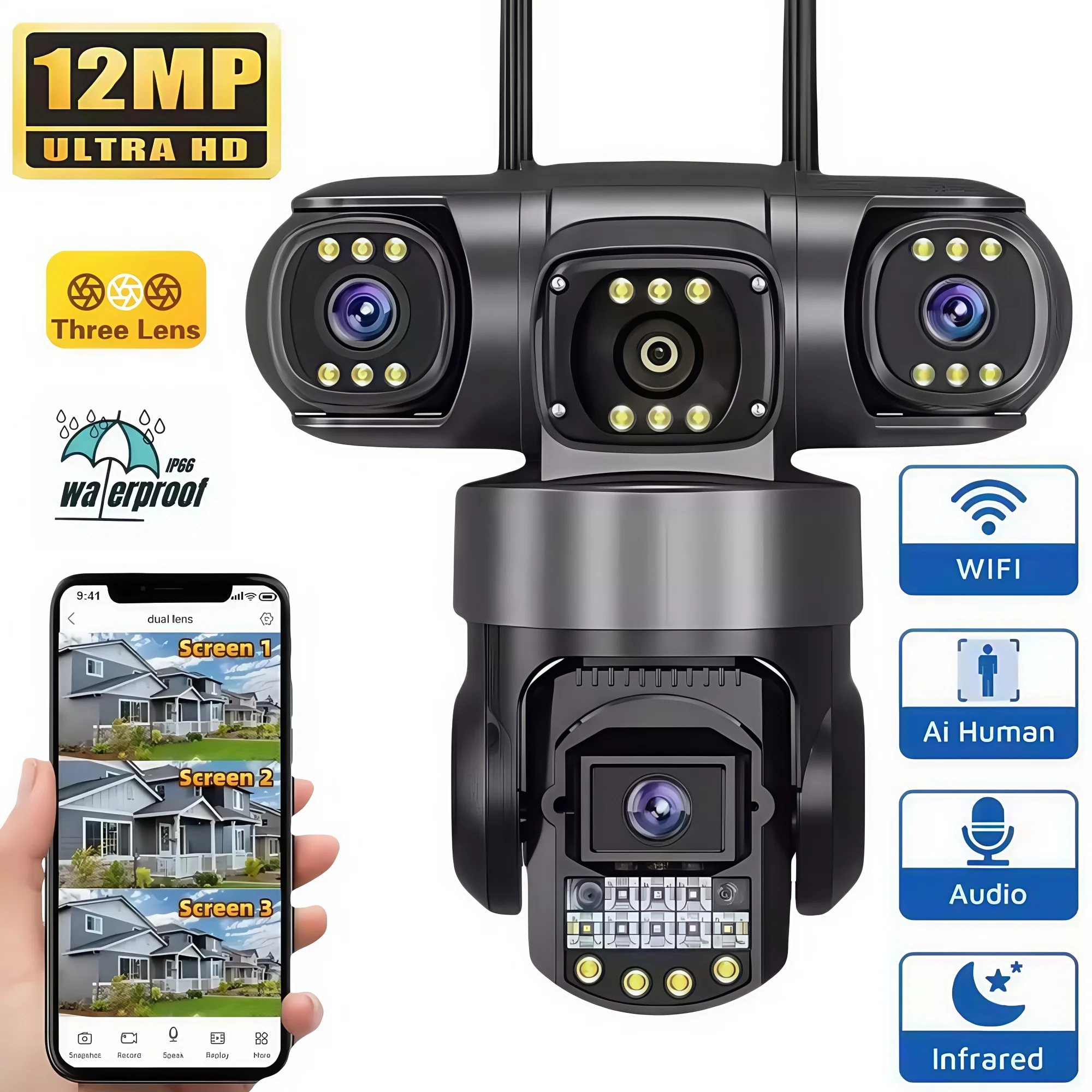 WIFI-Überwachungskamera für den Außenbereich, 3 Len, 3 Bildschirme, 12 MP, 6K HD, Nachtsicht, PTZ, Sicherheitsschutz, CCTV, Smart Home-Überwachungskamera Image