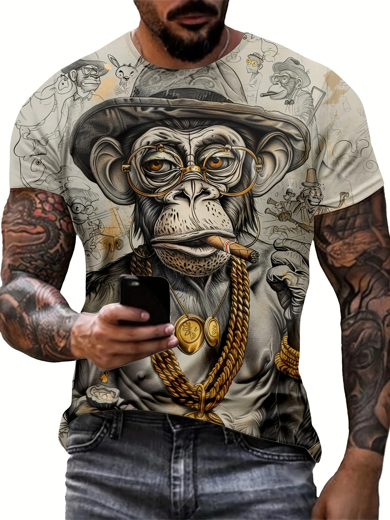 Retro Gorilla Grafik-T-Shirt | Personalisiertes, lässiges Streetwear-Kurzarm-T-Shirt für Herren. Stilvolle Streetwear für Outdoor-Fitness